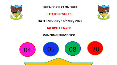 FRIENDS OF CLONDUFF WEEKLY LOTTO – MONDAY 16th MAY 2022