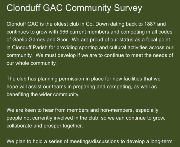 CLONDUFF GAA CLUB COMMUNITY SURVEY 2023